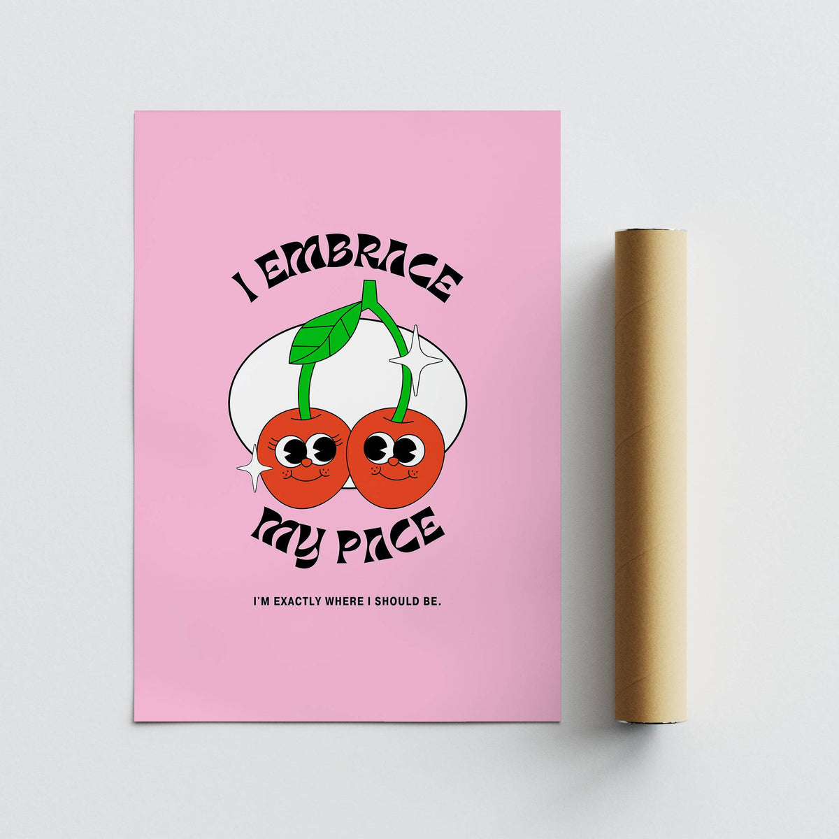 Wall Art for Dorm showing illustrated cherries on a pink background alongside a packaging tube