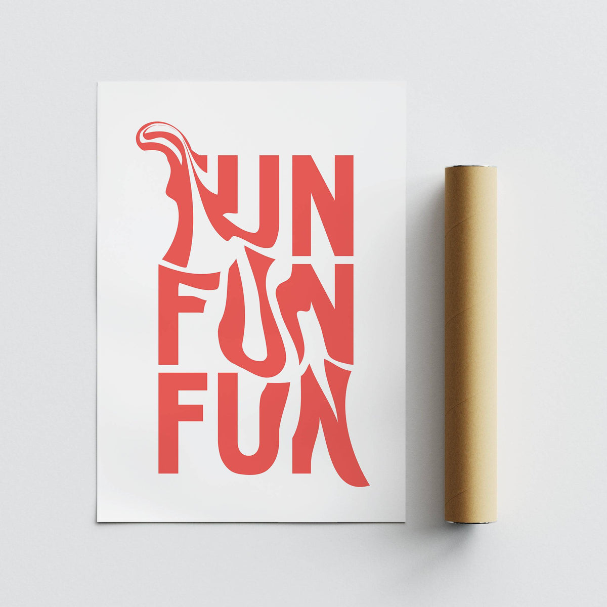 Fun typography wall art print in red and white flat on a surface next to a brown packaging tube