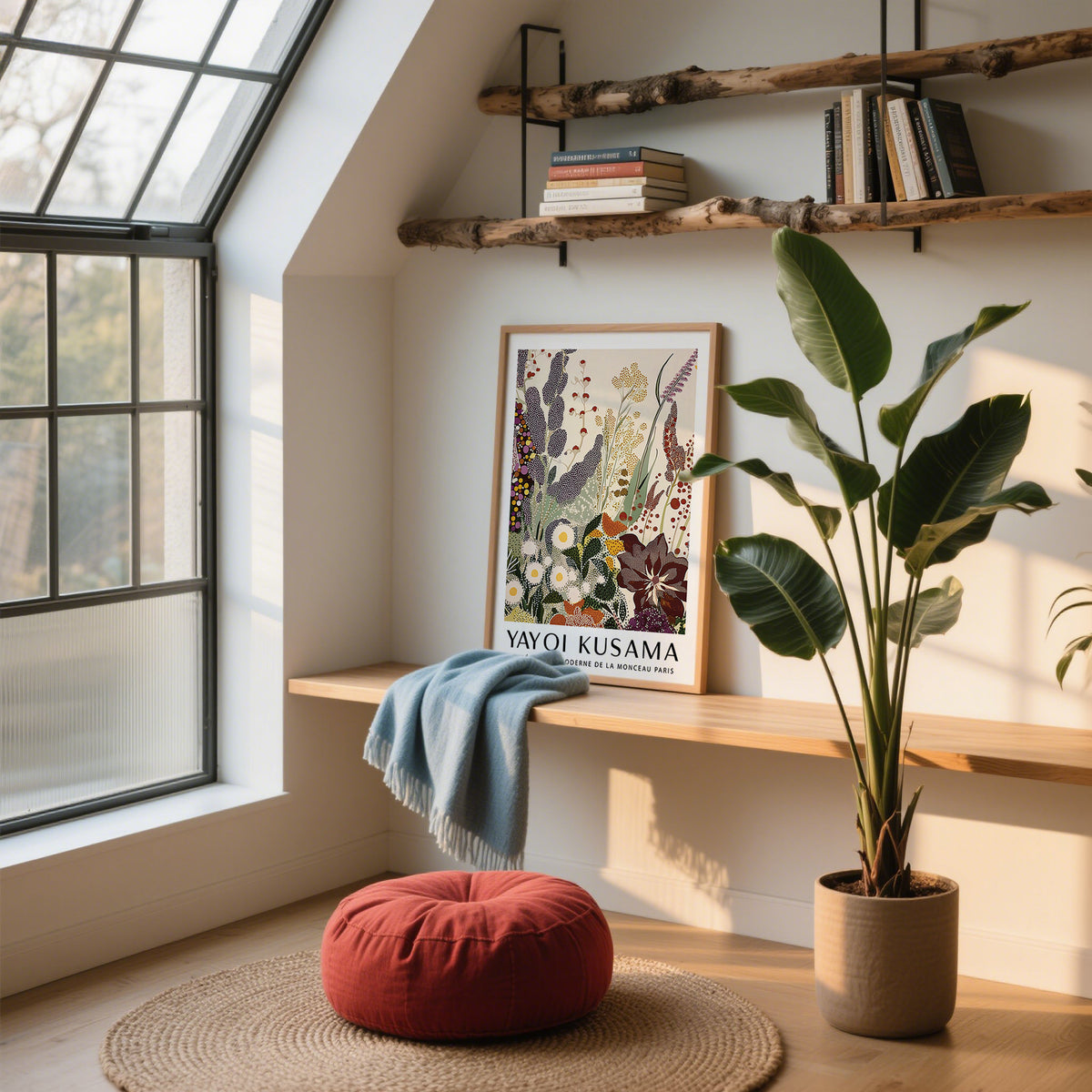 Abstract Floral Print leaning on a wooden shelf with a green plant and a red cushion nearby