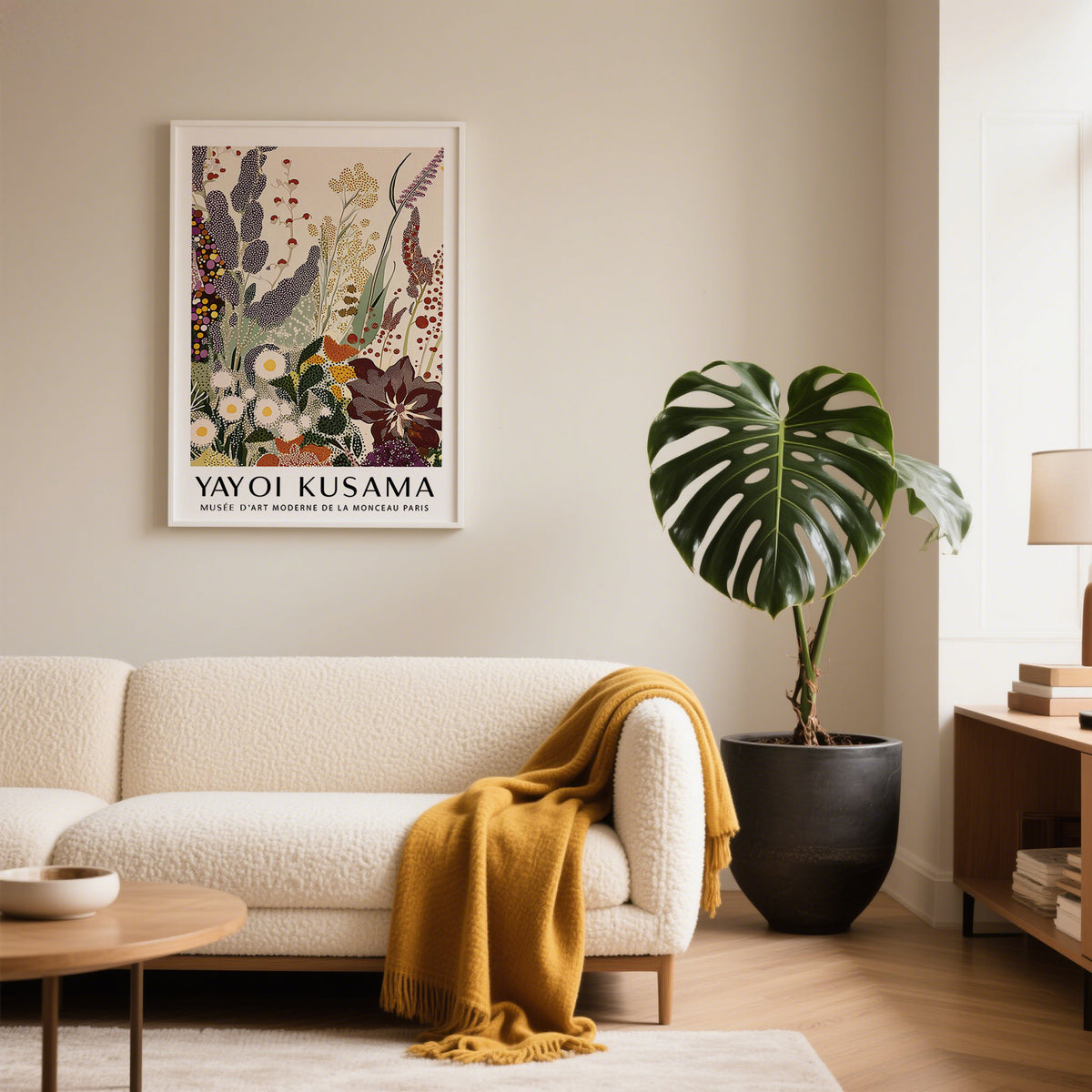 Abstract Floral Print framed print close-up of detailed botanical shapes above a cream sofa with ochre throw