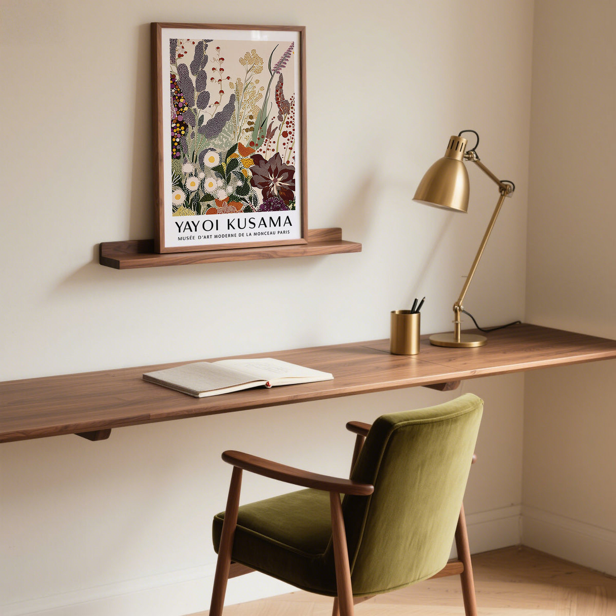 Abstract Floral Print framed print with detailed floral patterns above wooden desk with green chair