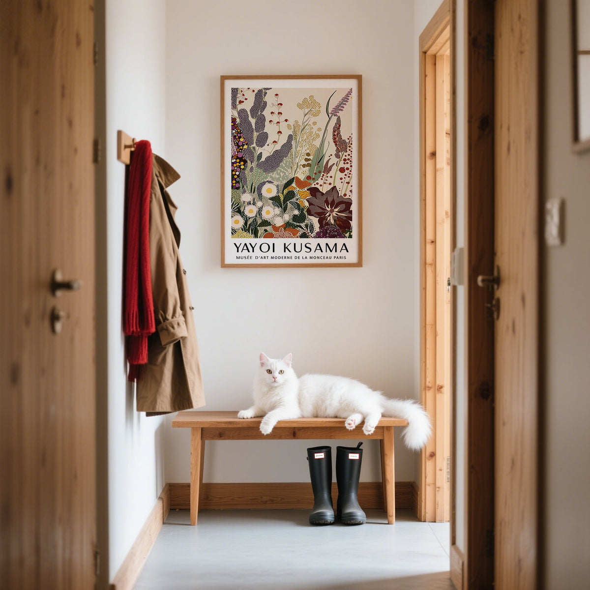 Abstract Floral Print on a hallway wall above a wooden bench with a white cat and Wellington boots