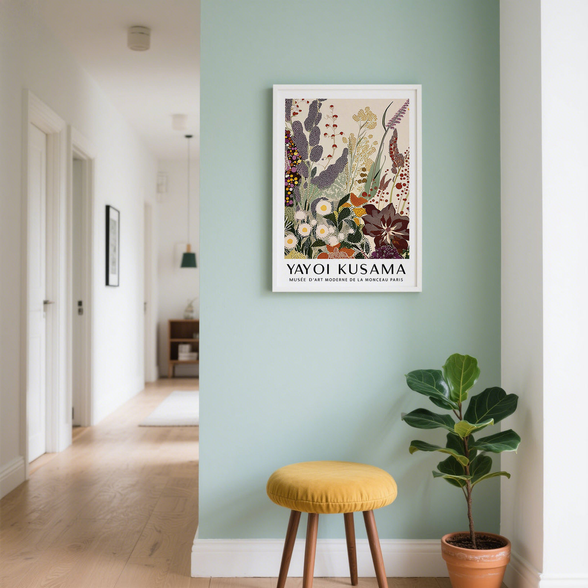 Abstract Floral Print framed print of abstract floral shapes in green purple and brown on a green wall above a yellow stool with a plant