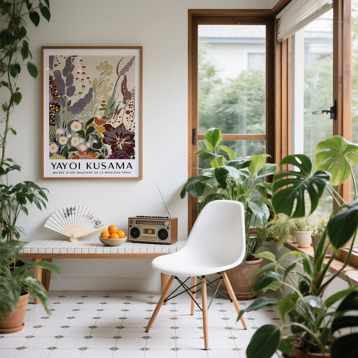 Abstract Floral Print framed print with colourful dotted flowers in green and purple beside a white chair in a bright room