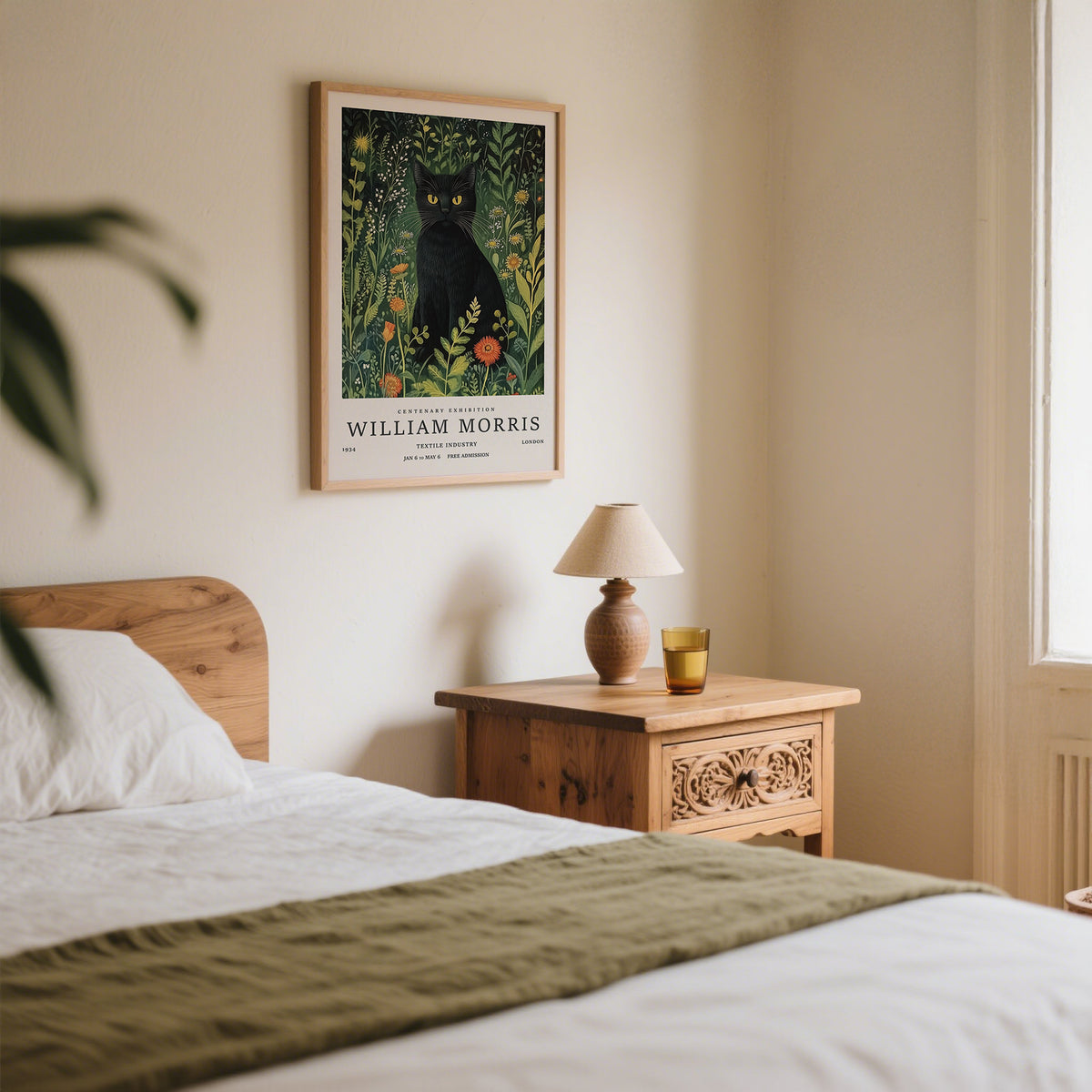 Bedroom Wall art of a black vintage cat art above bed
