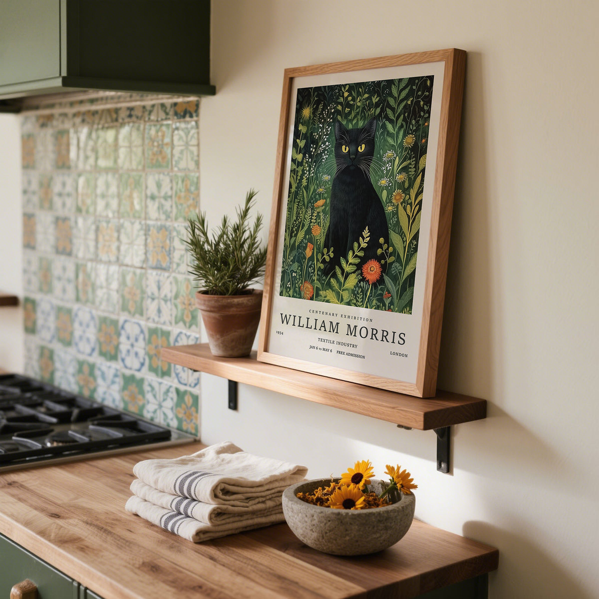 Kitchen cottagecore wall art of vintage black cat art