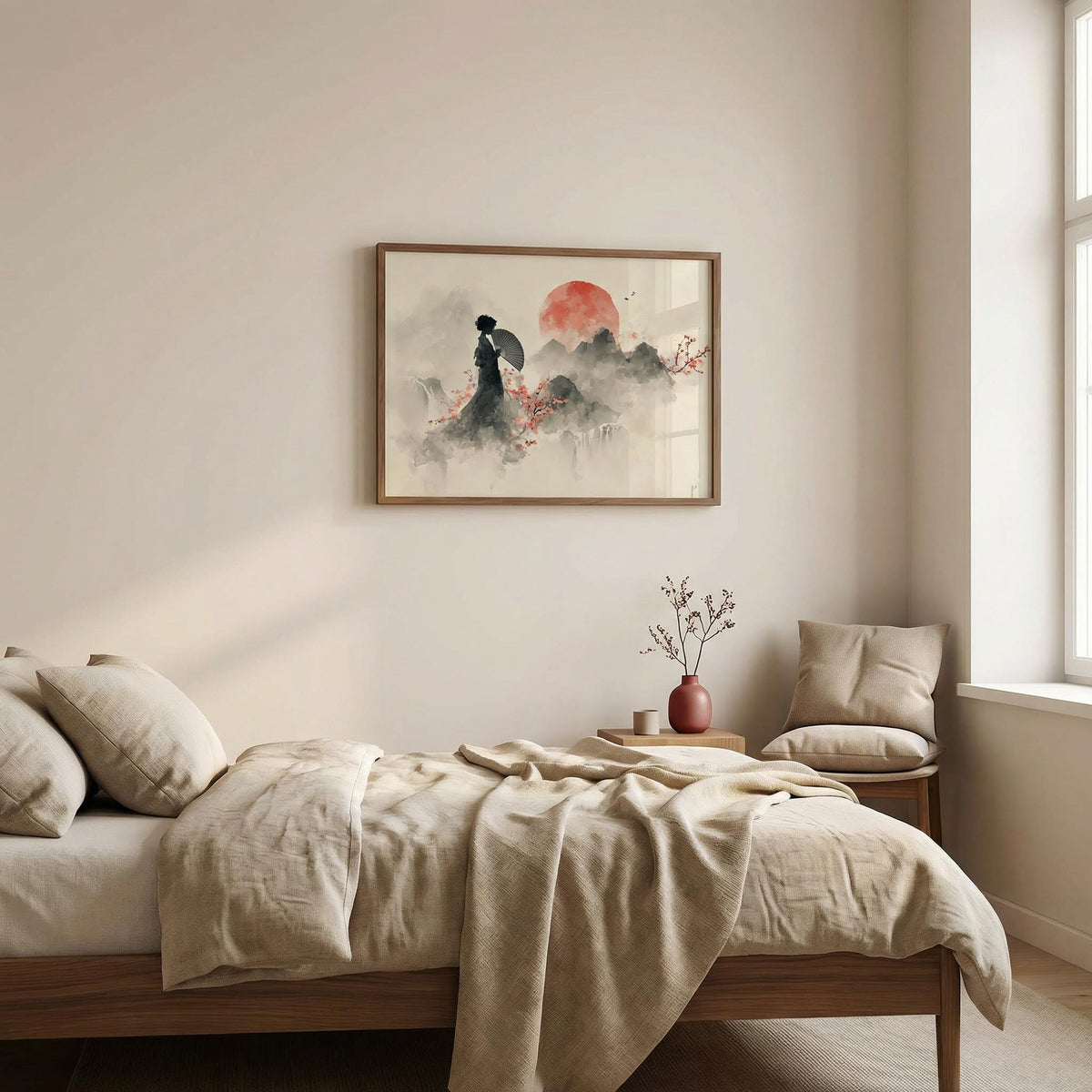 Oriental Wall Art Poster framed print of a geisha with a fan and red sun above bed in neutral bedroom