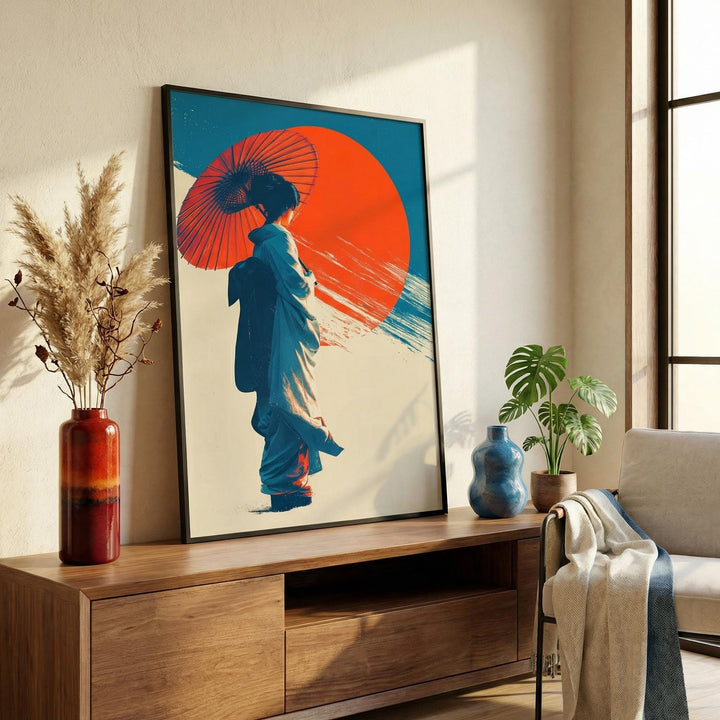 Living room with a large framed artwork of a Geisha with a red umbrella, wooden cabinet, and decorative items.