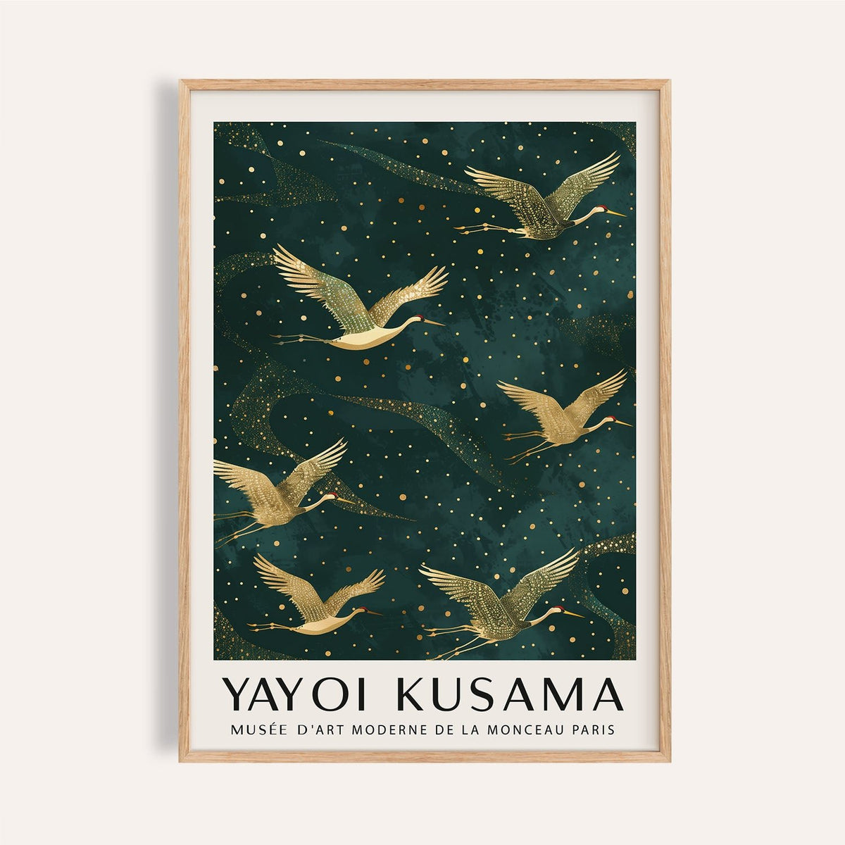 Framed Japanese Crane wall art with golden cranes in flight on a deep green background