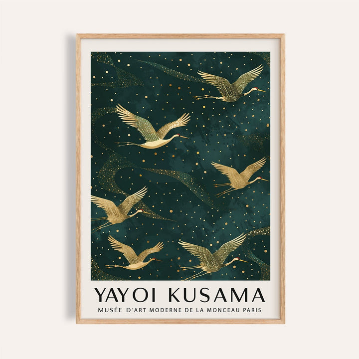 Framed Japanese Crane wall art with golden cranes in flight on a deep green background