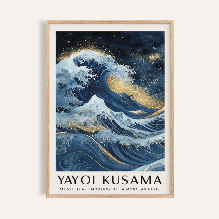 Blue Gold wall decor of a stylised ocean wave with gold accents and Japanese ink style