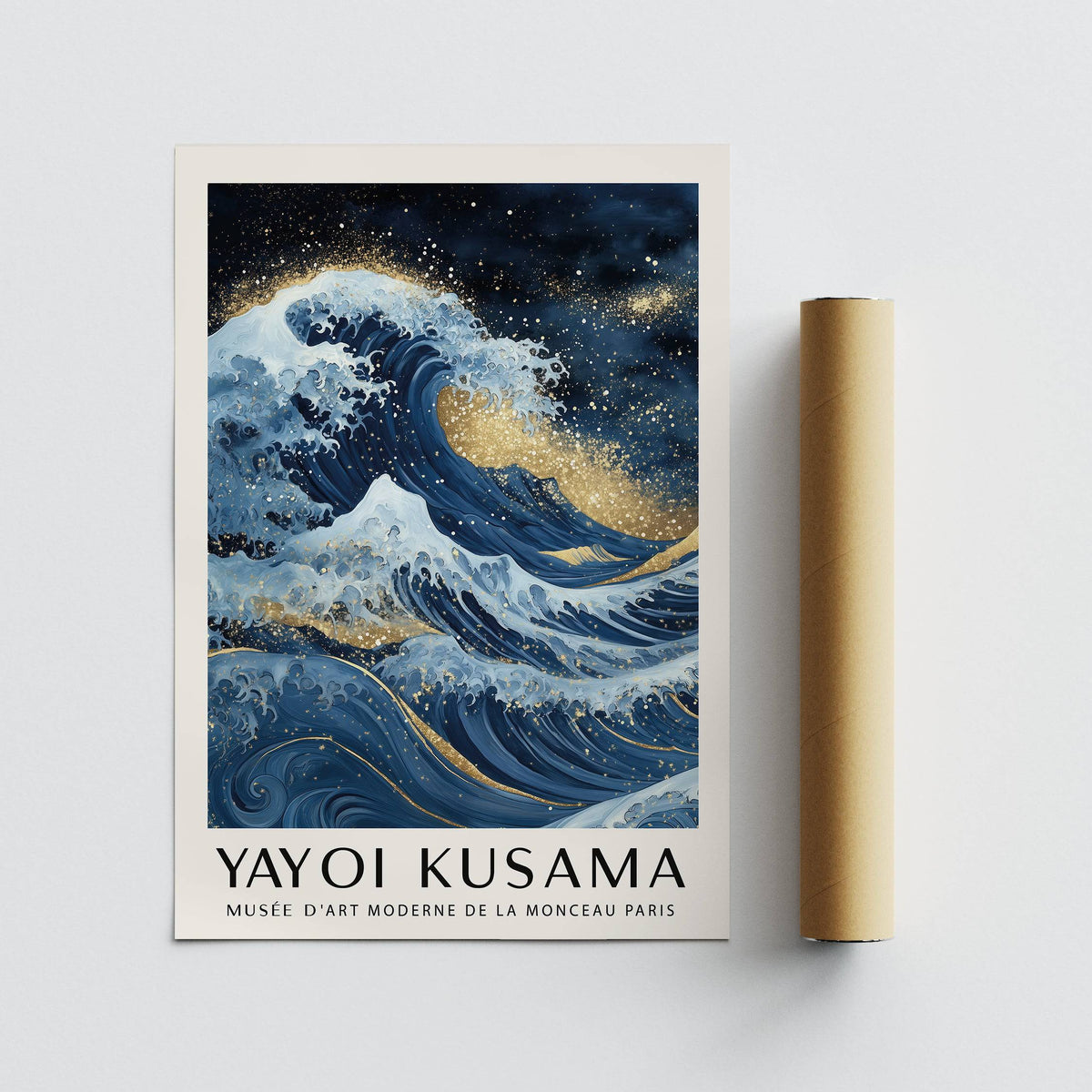 Blue Gold Wall Decor print with a Japanese-ink style wave and gold accents alongside a packaging tube