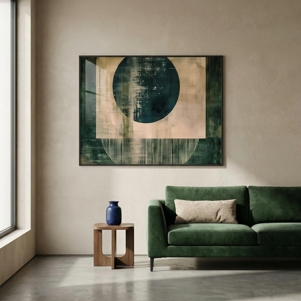 Abstract Geometric Poster above a green sofa with minimalist shapes in dark green and beige tones
