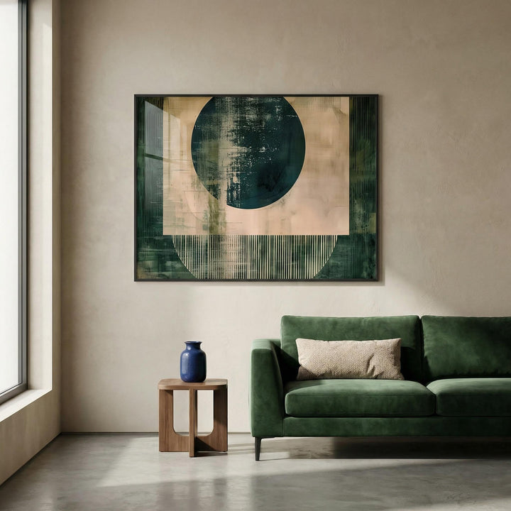 Abstract Geometric Poster above a green sofa with minimalist shapes in dark green and beige tones