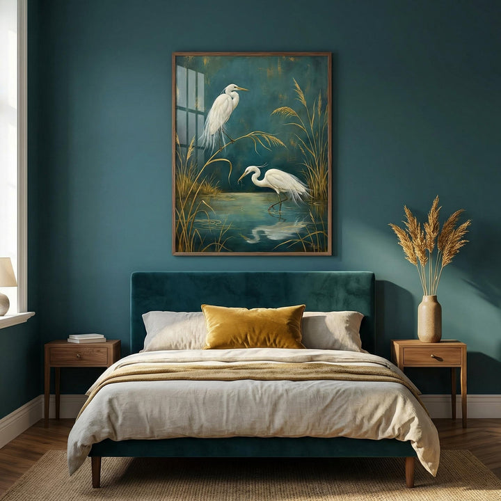 Egret wall art with two white egrets in a botanical illustration style above a bed
