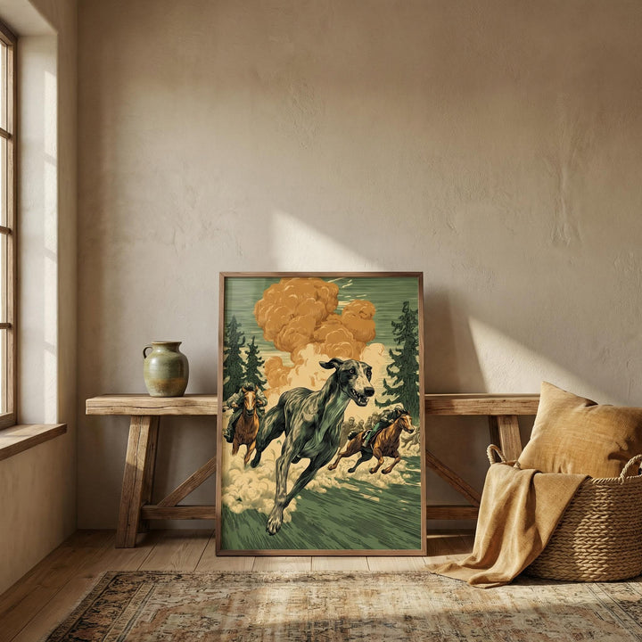 Greyhound racing wall art print leaning against a wooden bench with a green vase and basket nearby
