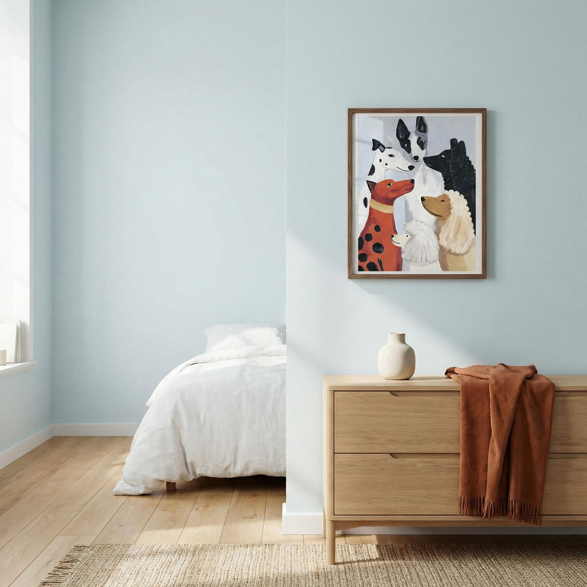 Colourful Dog Poster print on a wall in a bedroom above a wooden dresser with a vase