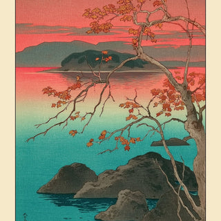 Hasui Kawase Maple Leaves Print close-up of autumn maple tree with red leaves and blue water
