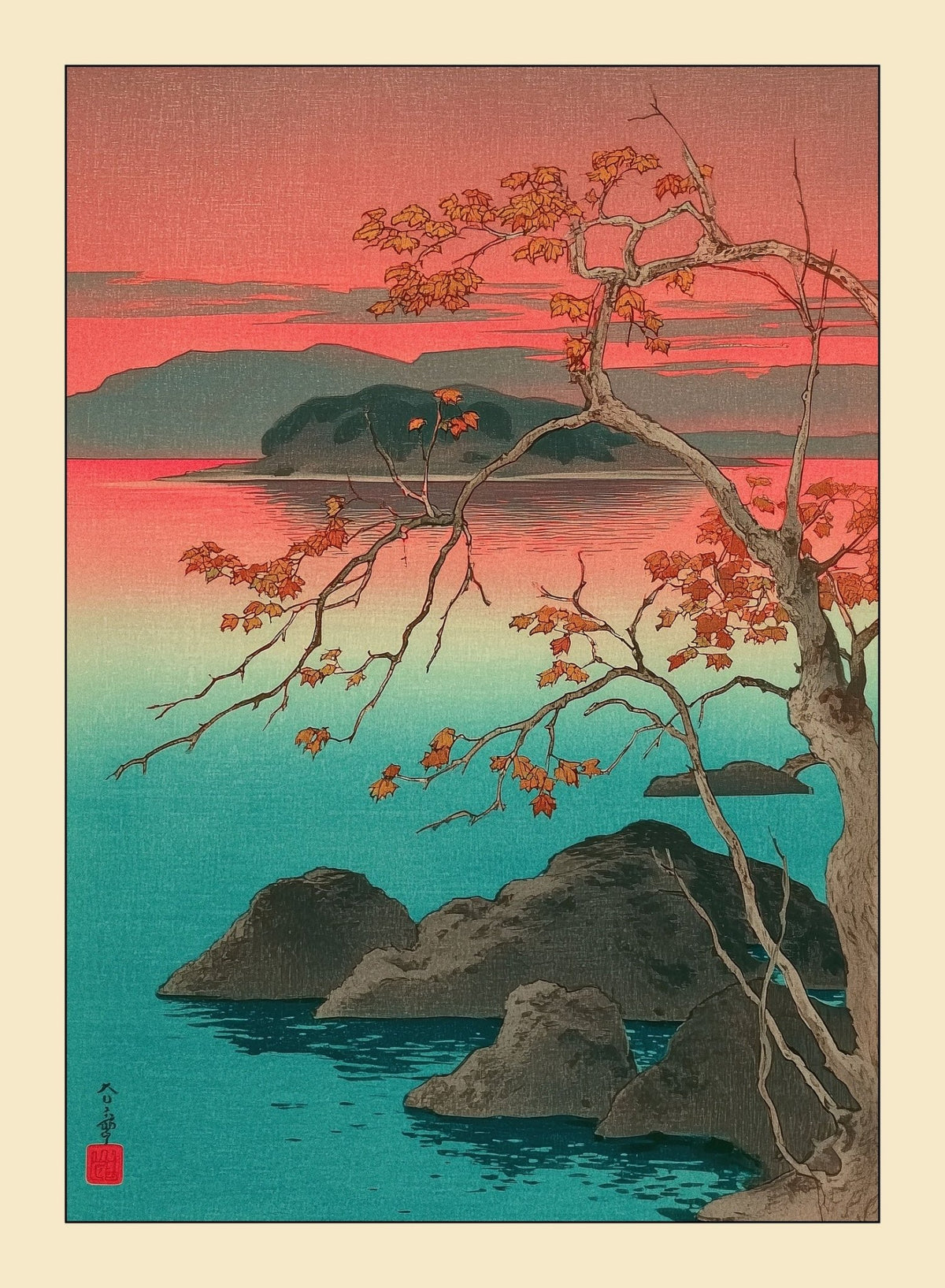 Hasui Kawase Maple Leaves Print close-up of autumn maple tree with red leaves and blue water