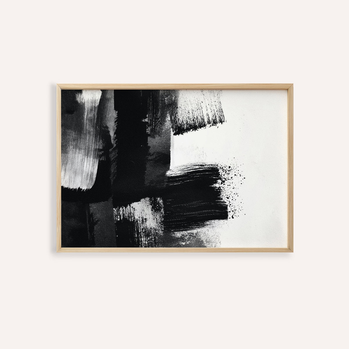 Black and White Art Print of abstract black and white brushstrokes in a simple wooden frame