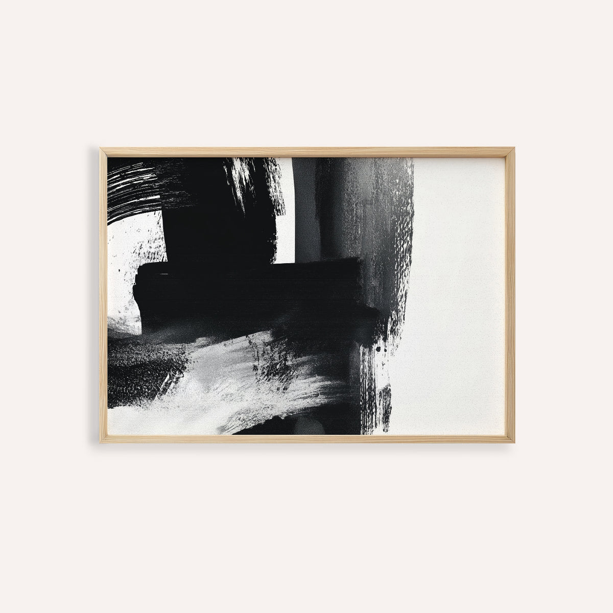 Framed minimalist black and white print with abstract brushstrokes on a neutral background