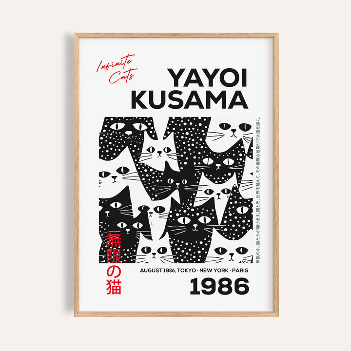 Playful black and white cat art inspired by Yayoi Kusama's dot style