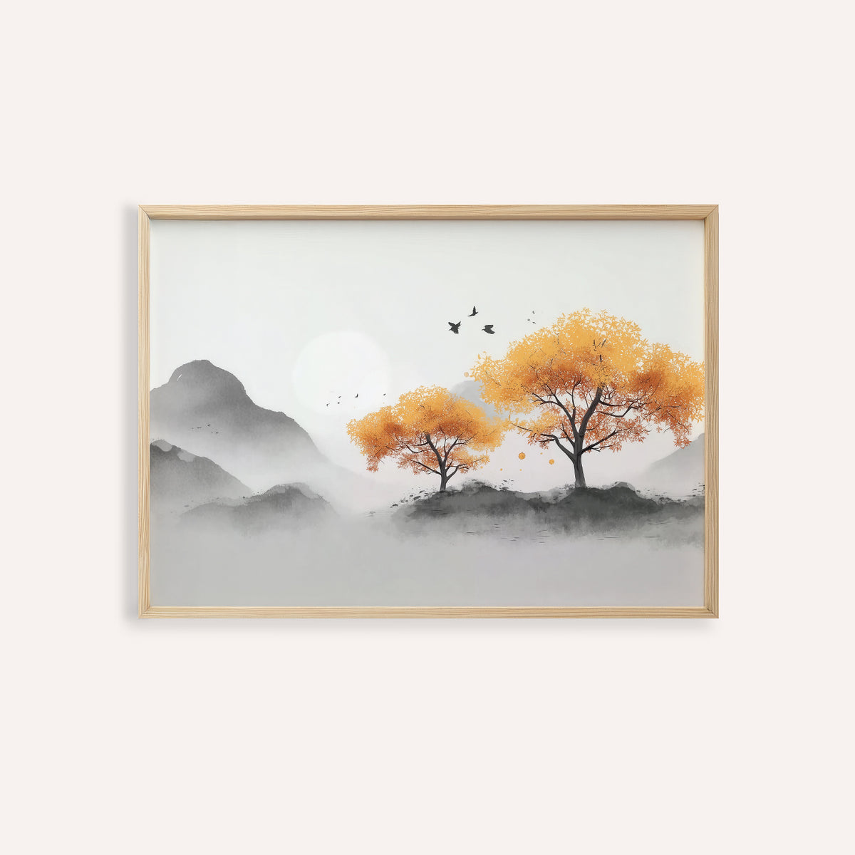 Framed print of autumn trees with orange leaves and grey hills in watercolour style
