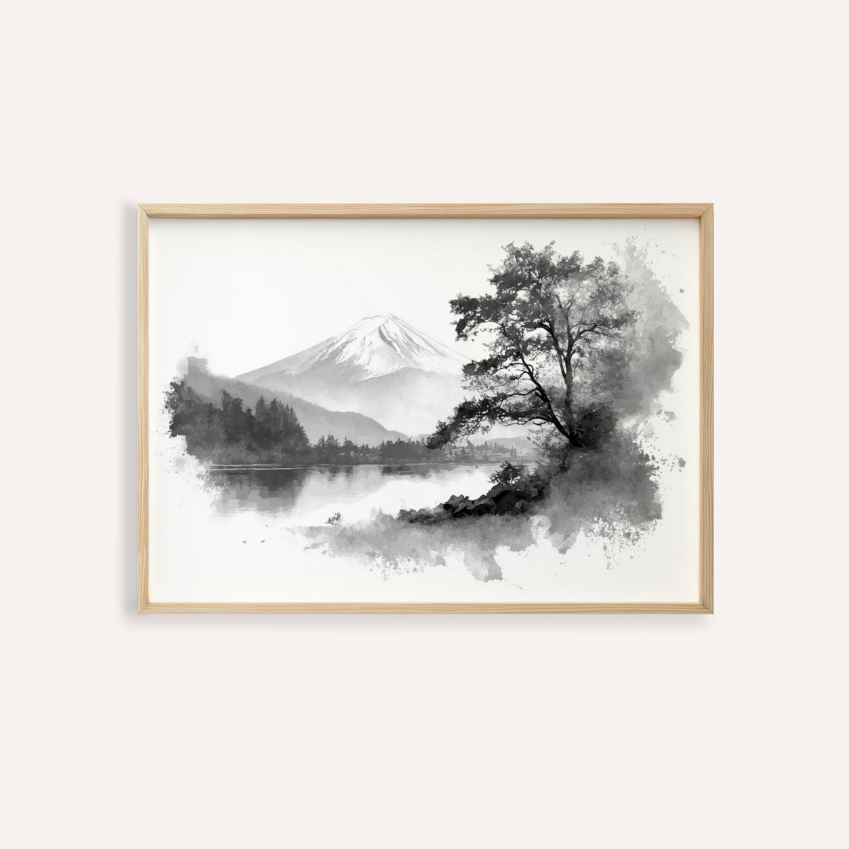 Black And White Print close-up of a mountain lake with tree and watercolour style in monochrome