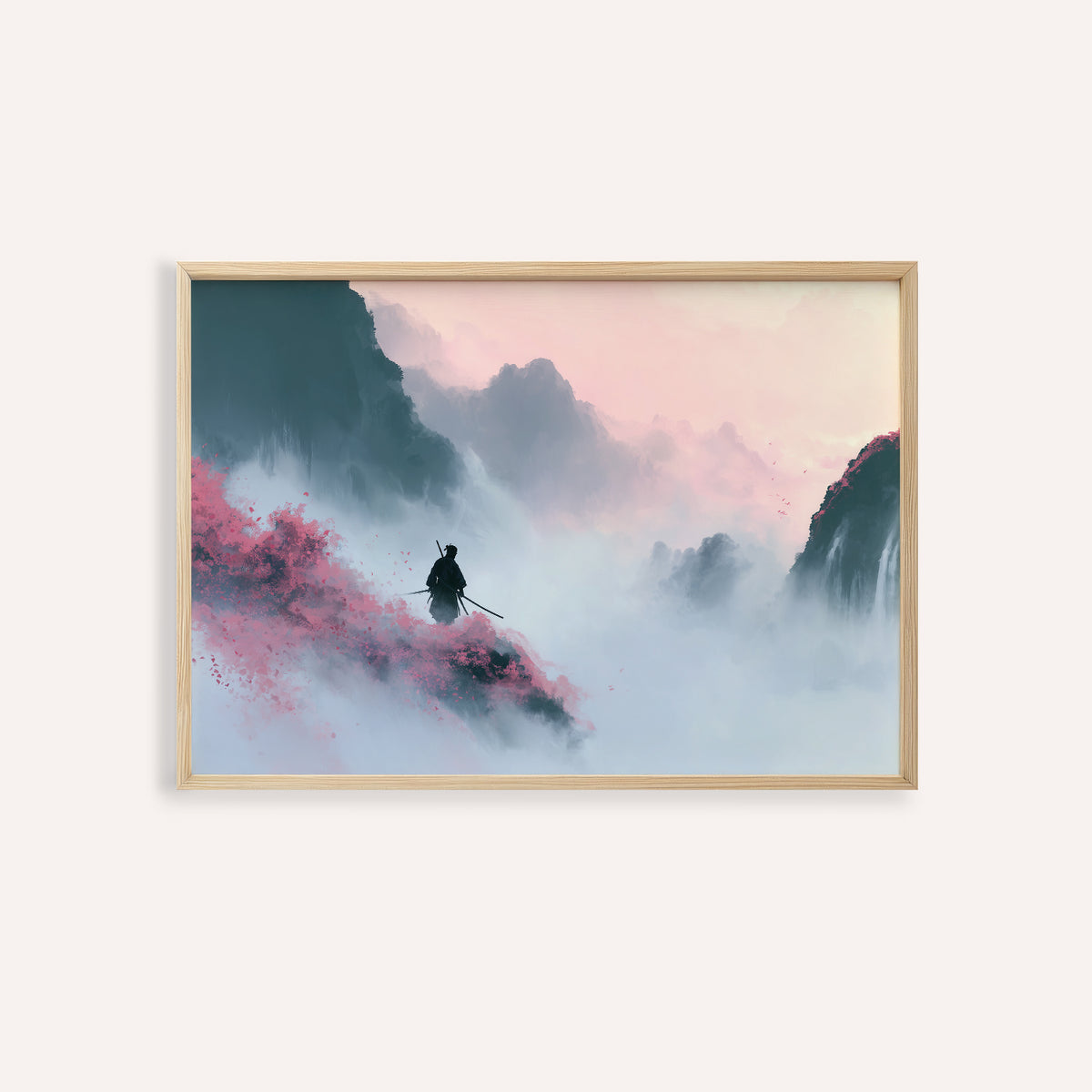 Framed Samurai Mountain wall art showing a samurai figure on a misty mountain with pink and grey hues