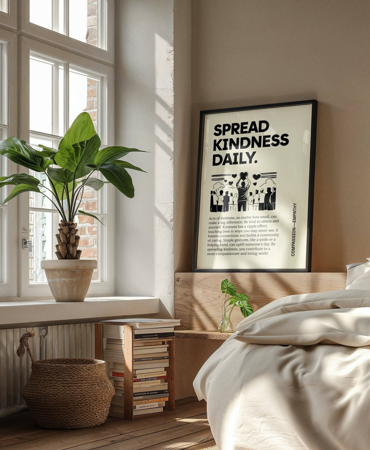 Inspirational Quotes Posters print leaning on a wooden bedside table with a plant nearby in a bedroom