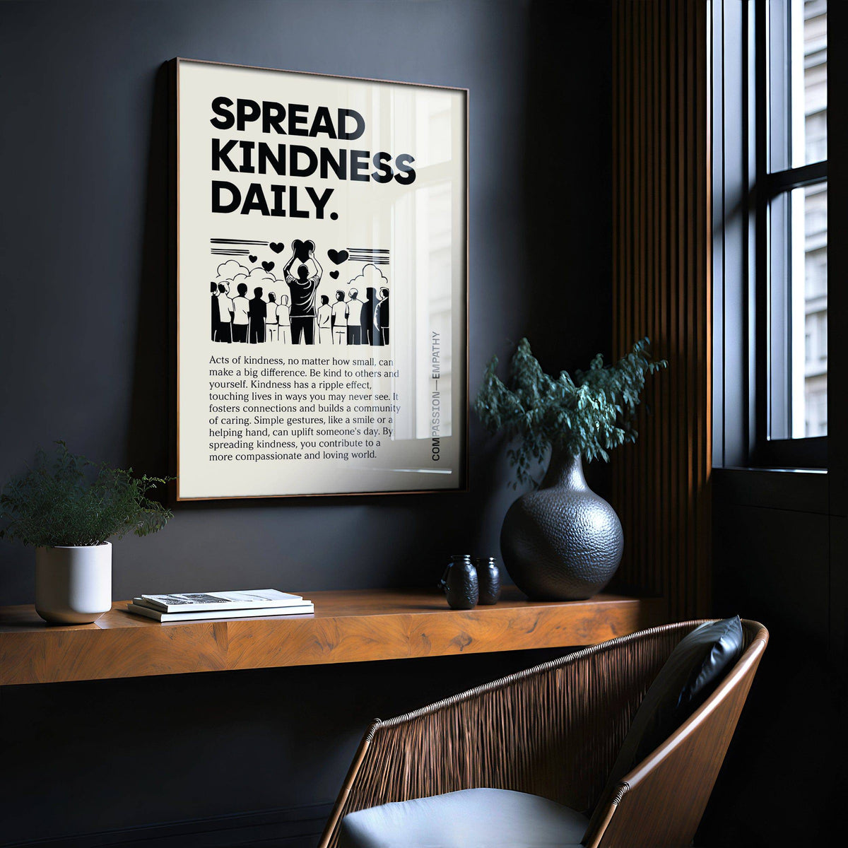 Inspirational Quotes Posters print with spread kindness message and black text above wooden desk and chair