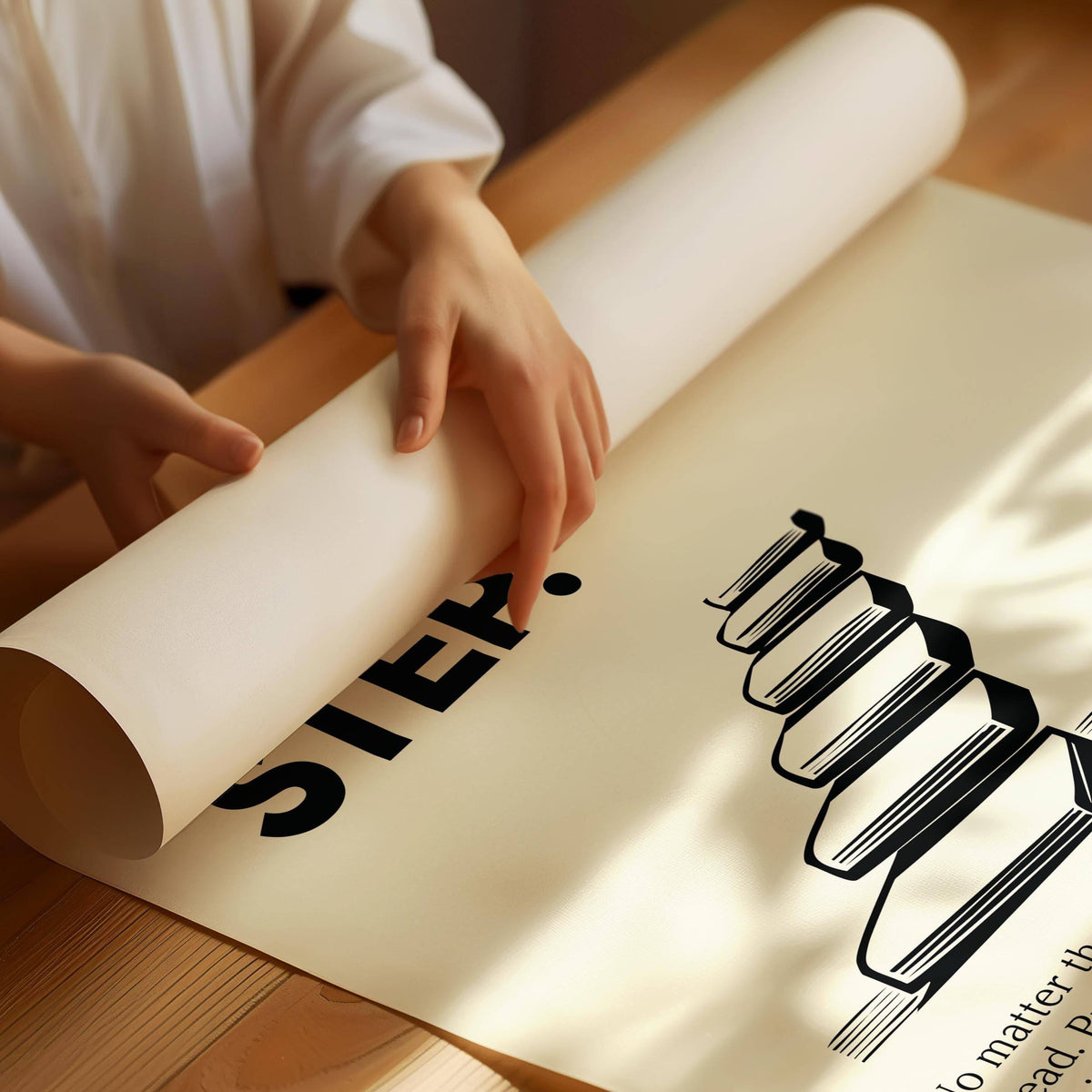Detail close-up of motivational text poster with minimalist black stairs illustration on cream background