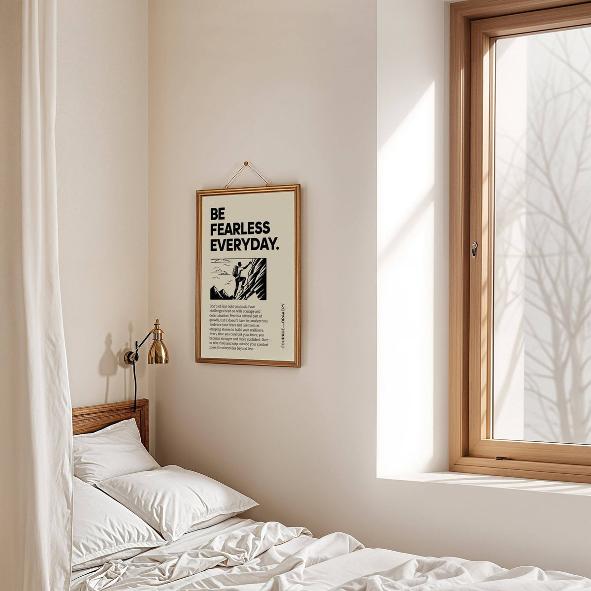 Positive Poster Art framed print with rock climber illustration in black and white above a bed