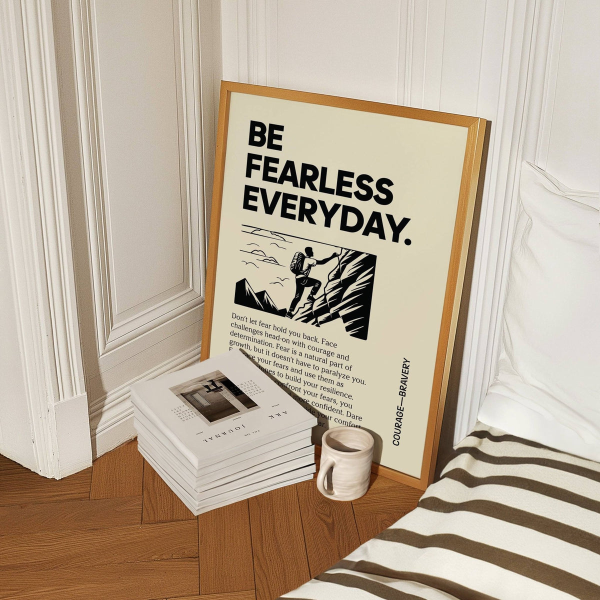 Positive Poster Art print leaning on wooden floor with a mug and soft furnishings nearby