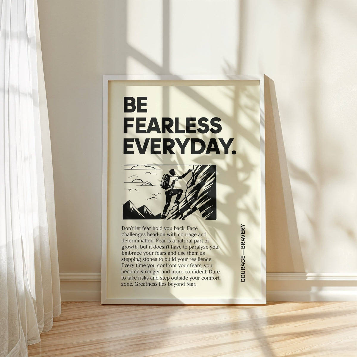 Framed Positive Poster Art with black text and rock climber illustration leaning against a wall with curtain shadows
