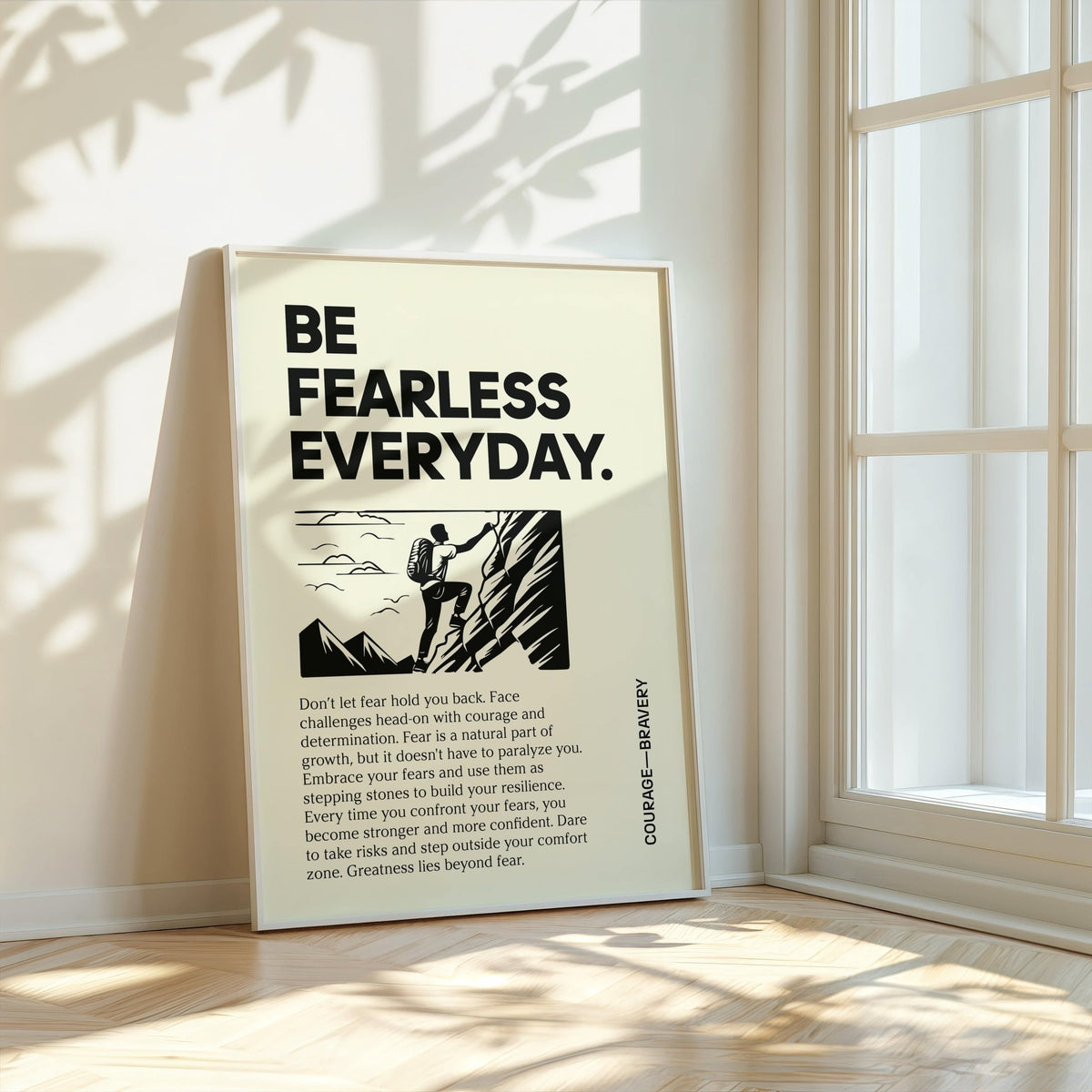 Positive Poster Art print leaning on a wooden floor by a sunlit window with shadows