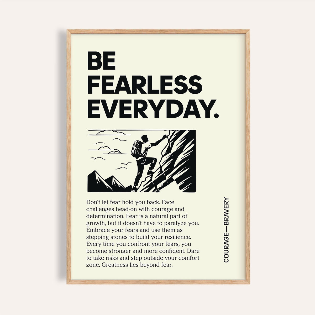 Positive Poster Art with black text and a rock climber illustration in a beige wooden frame