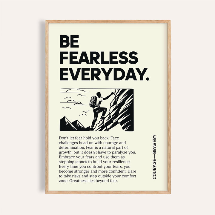 Positive Poster Art with black text and a rock climber illustration in a beige wooden frame