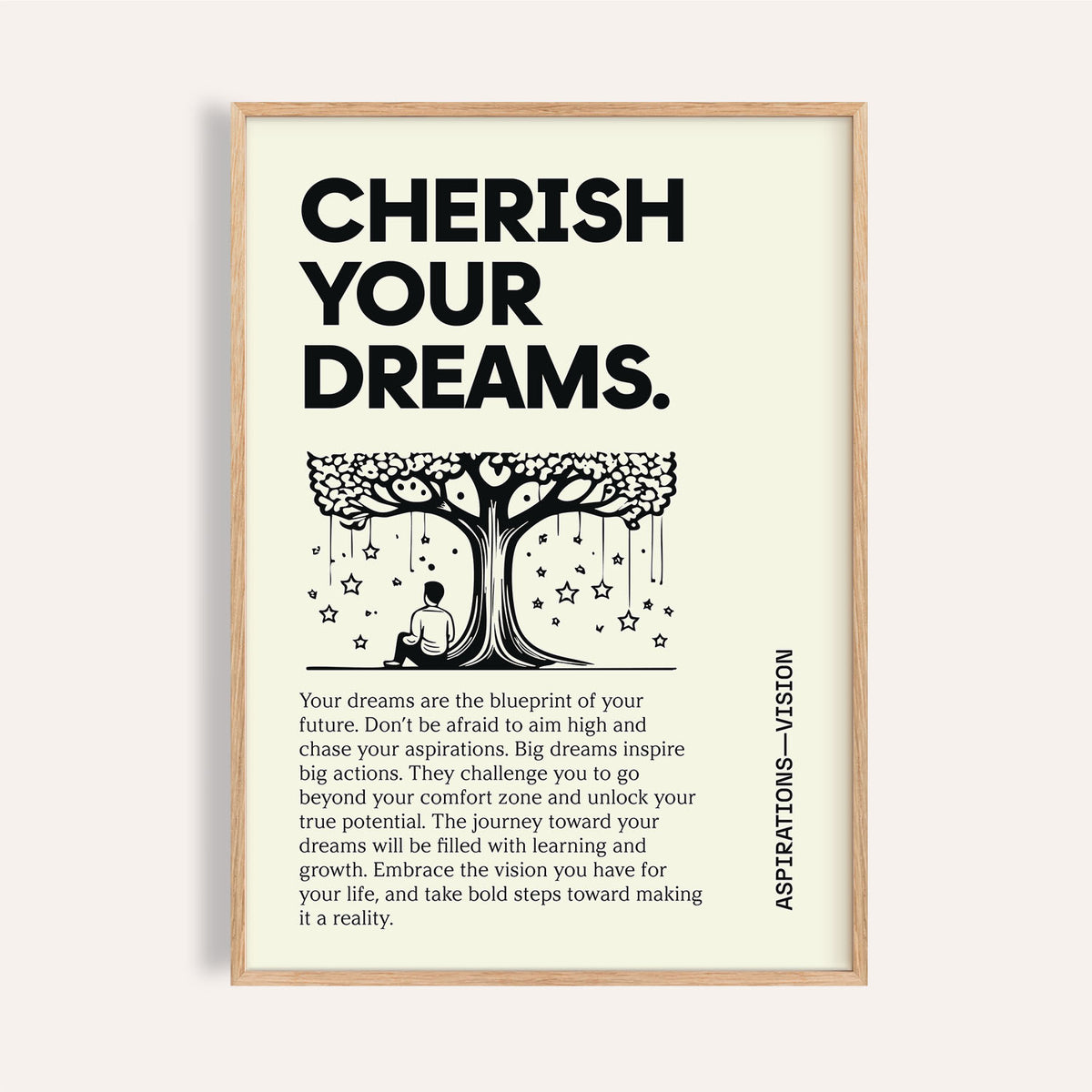 Framed close-up of Inspiration Poster for Students with person under tree illustration in black on cream background