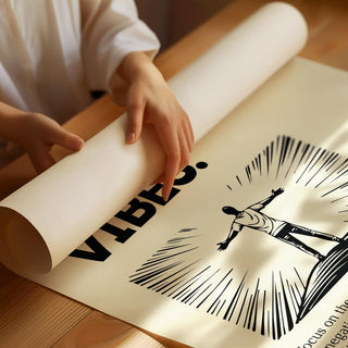 Detail close-up of motivational quote poster being unrolled showing black text and illustration on cream paper