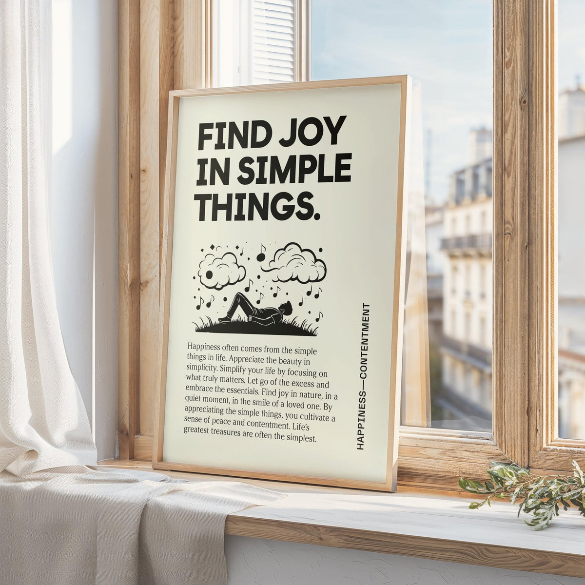 Framed Inspirational Art Wall leaning on a wooden window sill with black text and silhouette design