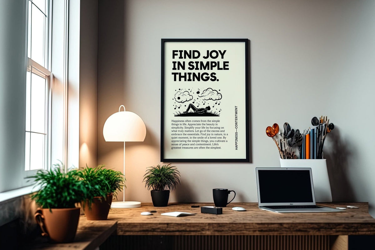 Inspirational Art Wall print with a black silhouette lying on grass and minimalist text above a desk with a mug