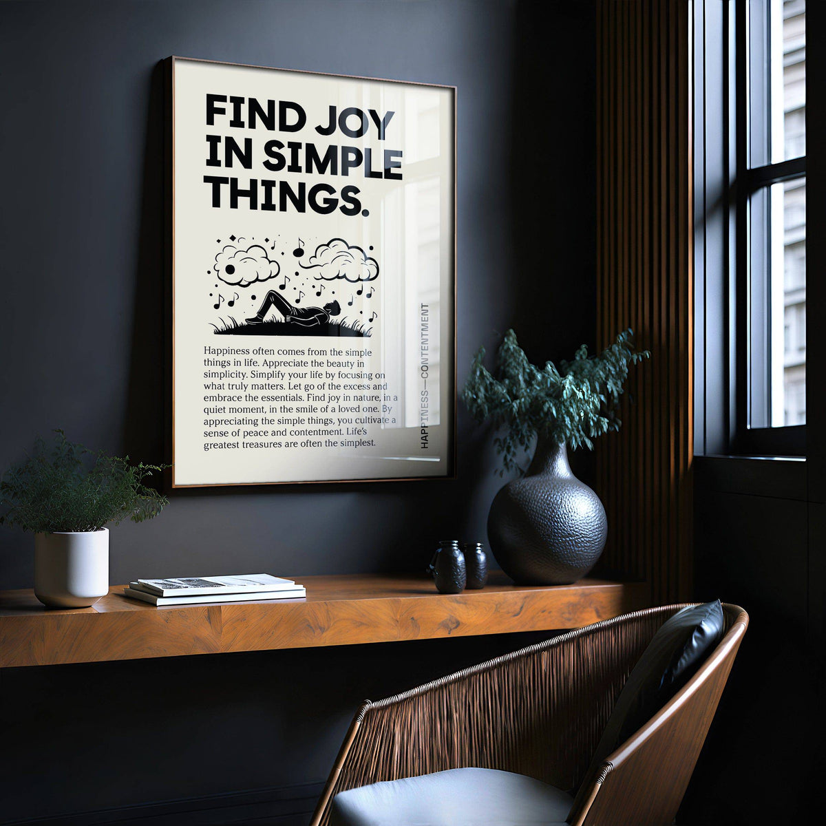 Inspirational Art Wall framed print with silhouette lying on grass and black text above dark shelf