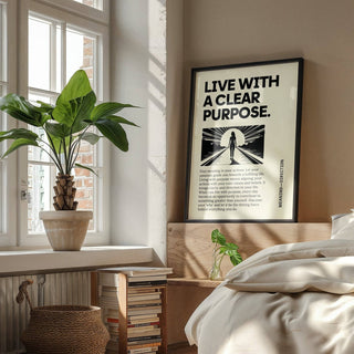 Motivational Poster print leaning on a wooden bed frame with a leafy plant nearby in a bedroom