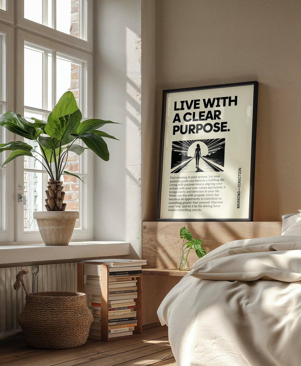 Motivational Poster print leaning on a wooden bed frame with a leafy plant nearby in a bedroom
