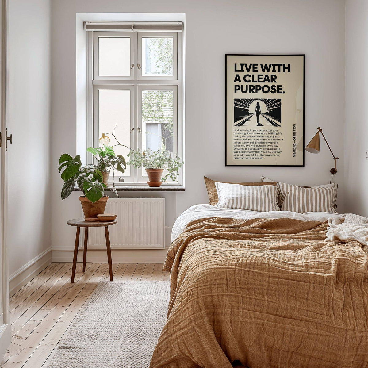 Motivational poster wall art with silhouette and sunrise in a bedroom with a plant on a stool