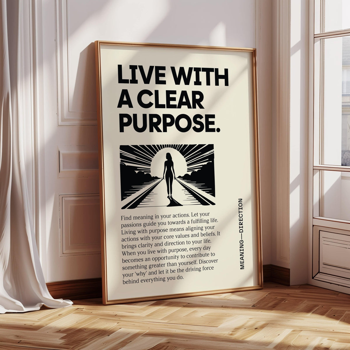 Framed Motivational Poster with silhouette and typographic design leaning on floor beside window