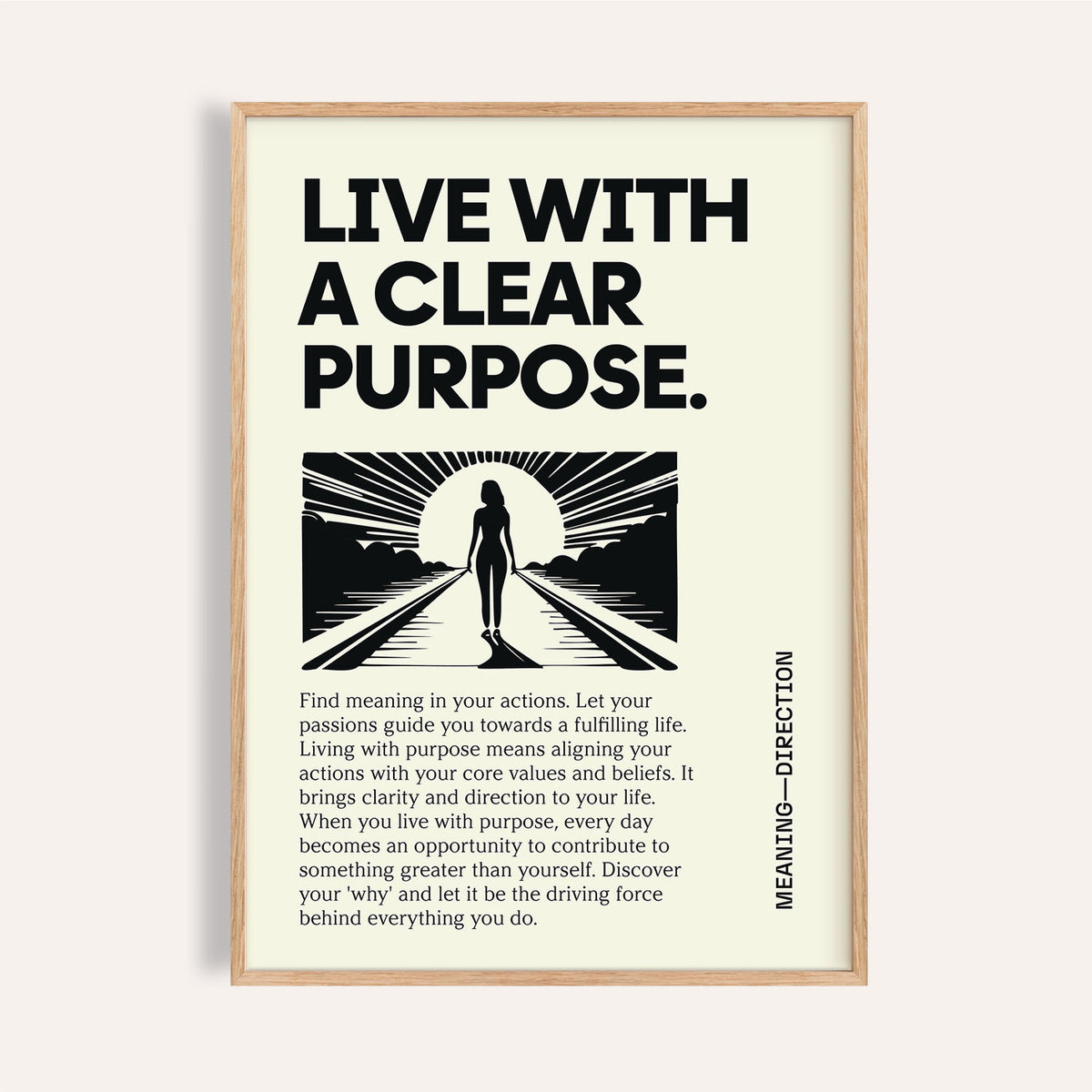 Framed close-up of motivational poster with silhouette and sunrise in black and ivory