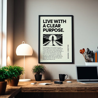 Motivational Poster framed print with typographic design in black and cream above a wooden desk with plants and a lamp