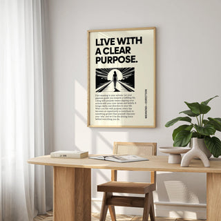 Motivational Poster with silhouette walking towards sunrise above wooden table with book and plant